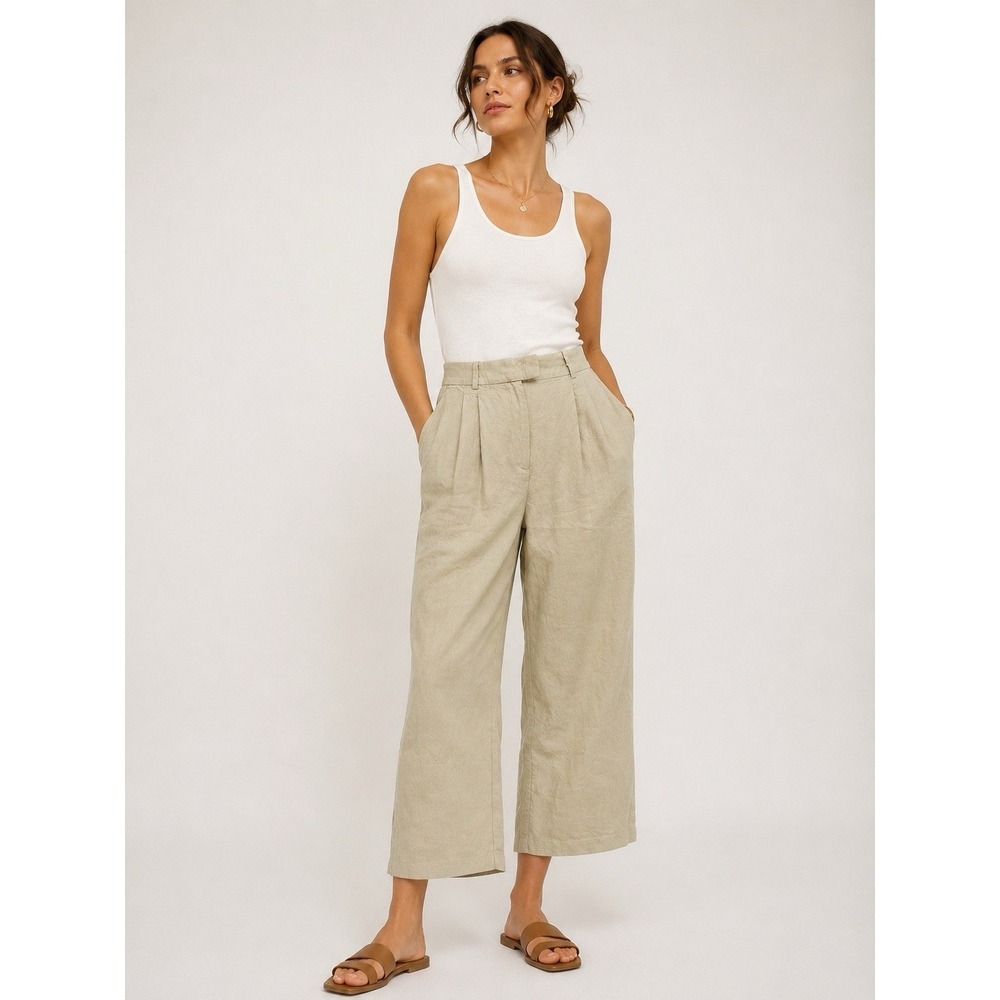 H&M Linen Blend Pleated Cropped Pants Womens US 6 Beige Wide‎ Leg Coastal